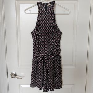 Black Patterned Romper with High Neck and Pockets